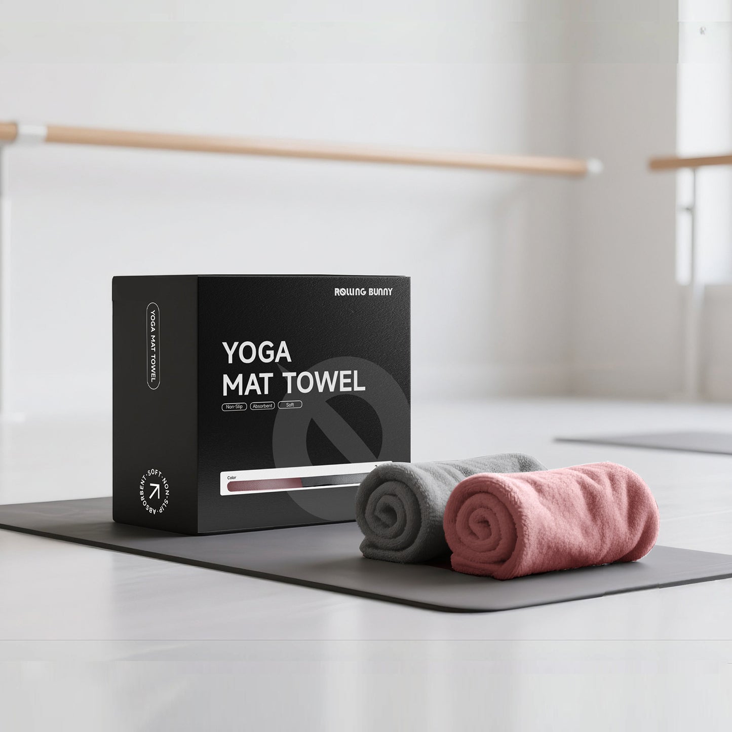 Yoga mat towel packaging with two towels on a yoga mat in a gym setting