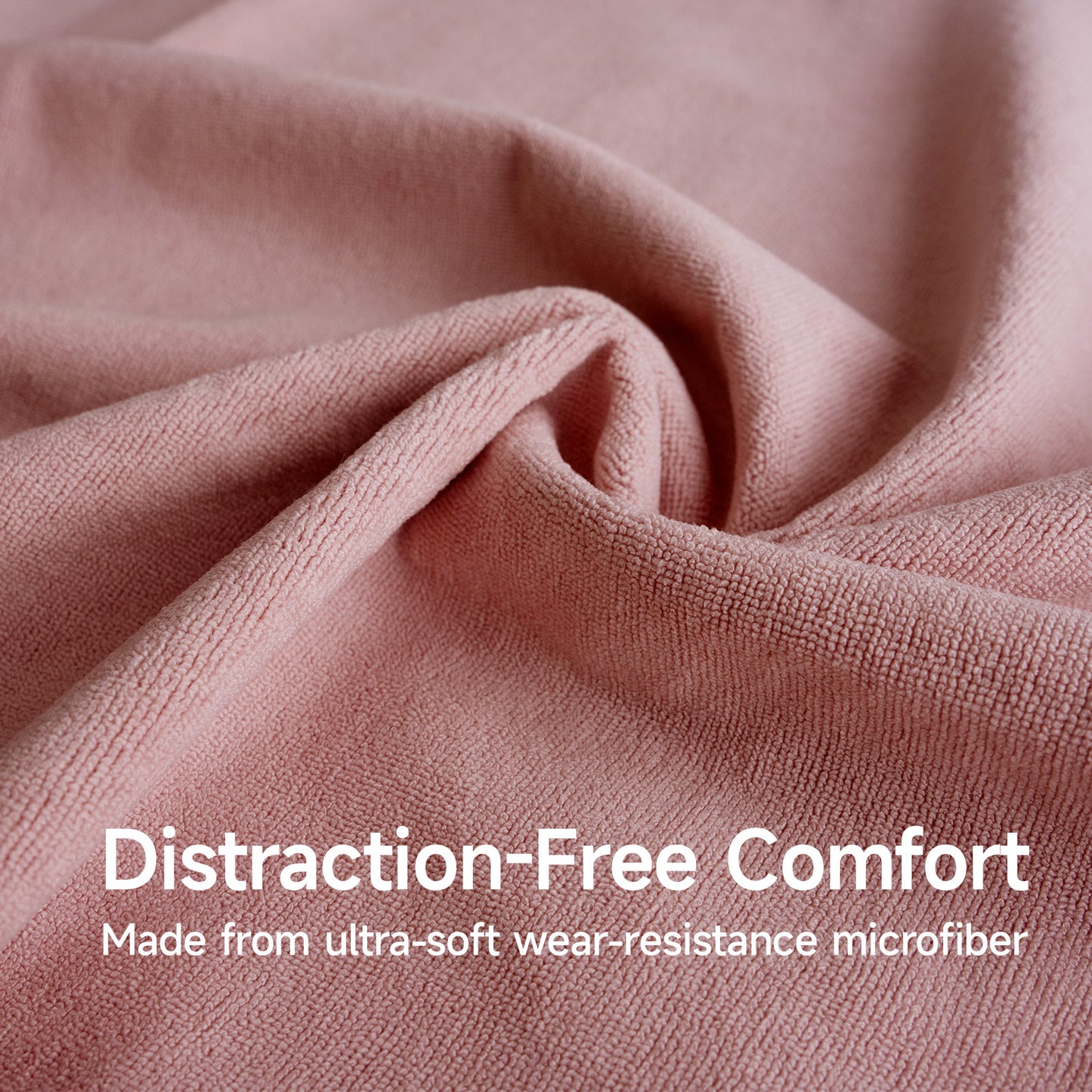 Close-up of pink fabric with text 'Distraction-Free Comfort' and product description.