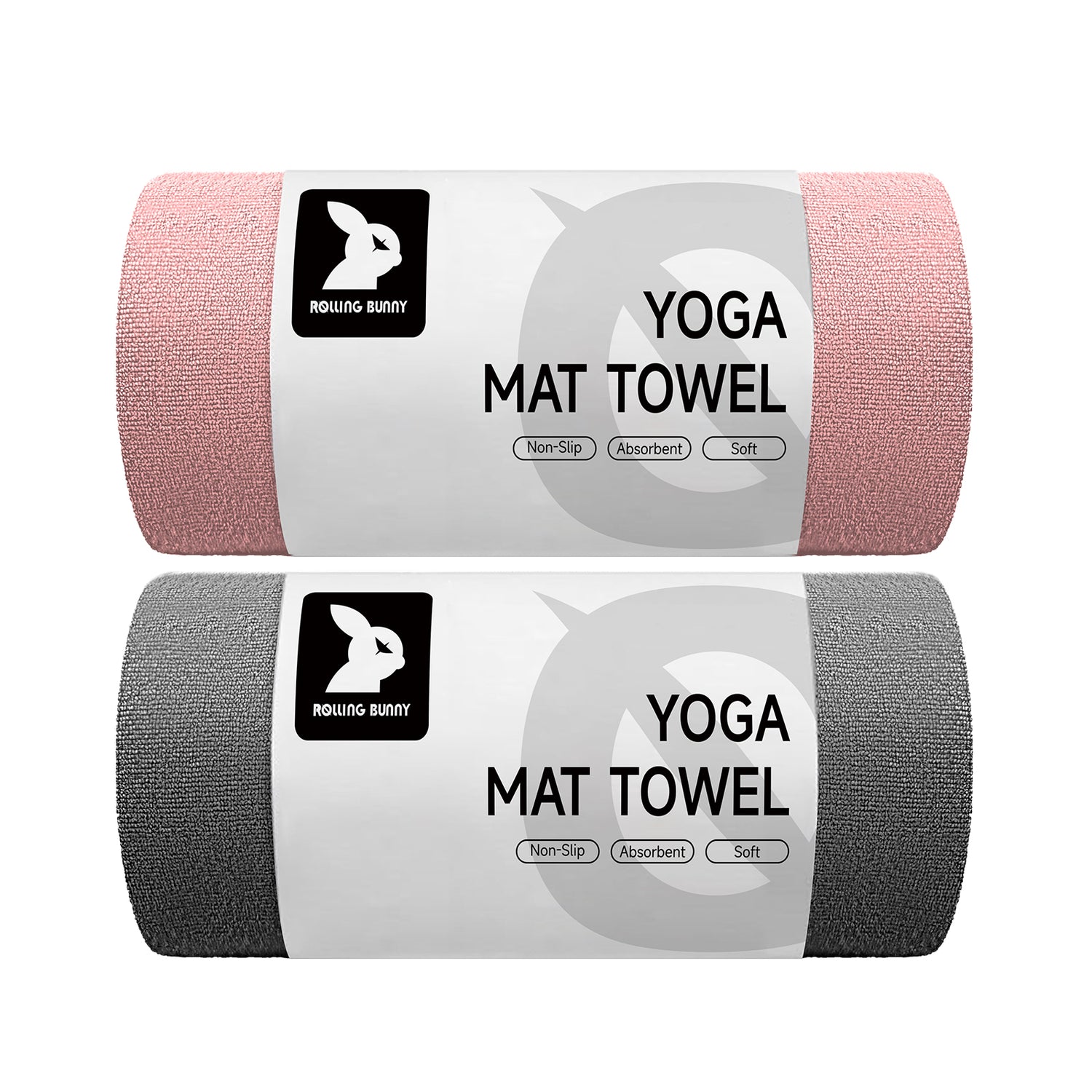 Two yoga mat towels, one pink and one gray, with 'Rowing Bunny' branding on a white background.